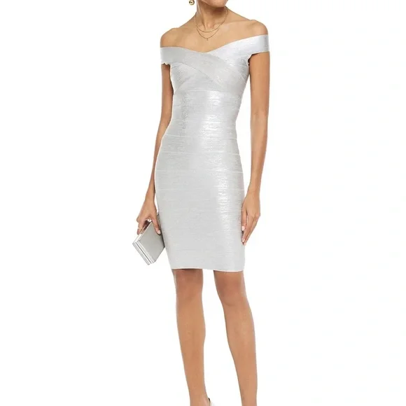Herve Leger | Dresses | Herv Lger Offtheshoulder Metallic Bandage Mini Dress  Small | Poshmark